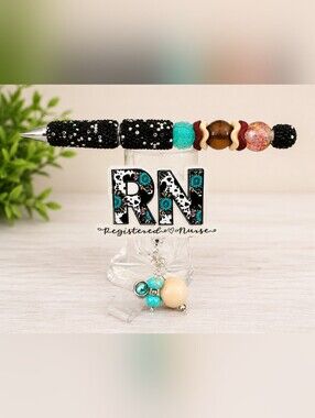 Handmade RN Badge Reel & Beaded Pen Set, Nurse Gift, Turquoise Western Cow Print